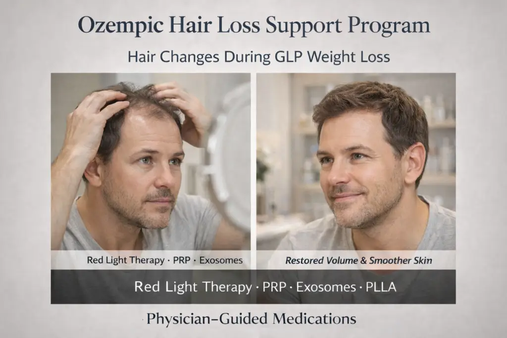 Ozempic hair loss support in Simi Valley with physician-guided care including red light therapy, PRP, exosomes, PLLA, gummies, and medications.