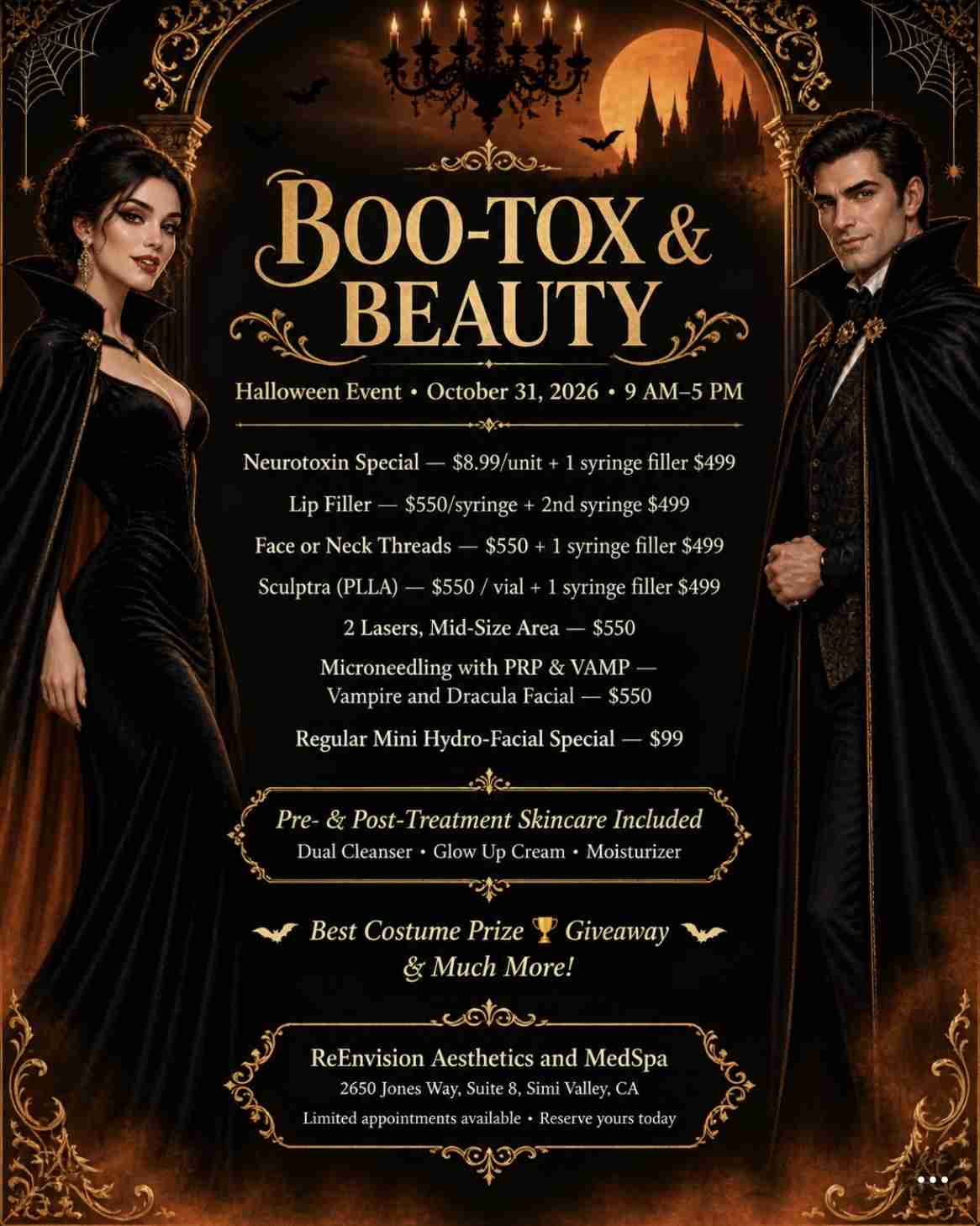Boo-Tox & Beauty at ReEnvision! Join us Halloween, Oct. 31, 9AM–5PM for special pricing on Neurotoxin, fillers, Sculptra, lasers, Microneedling + more. Best Costume Giveaway! Limited appointments — RSVP ASAP: 805-210-5493. ReEnvision MedSpa, Simi Valley.